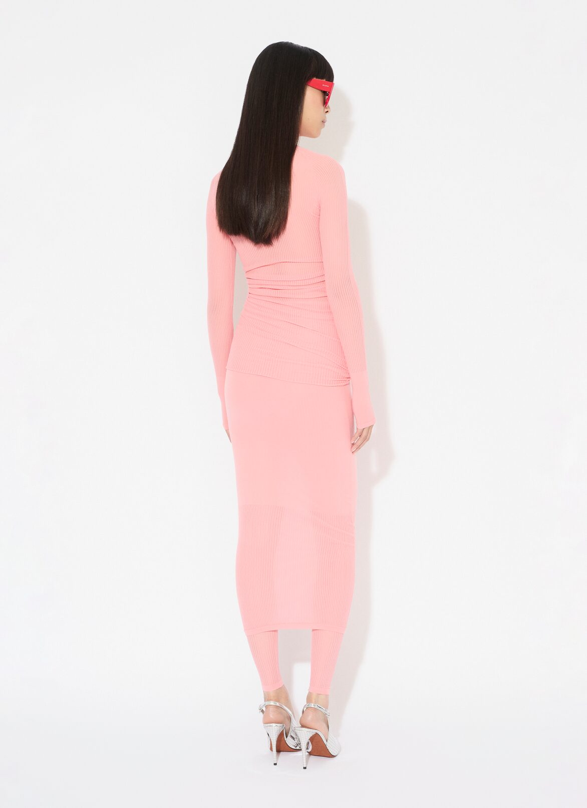 FINE RIBBED KNIT LEGGINGS  ALAÏA PINK FINE RIBBED KNIT LEGGINGS